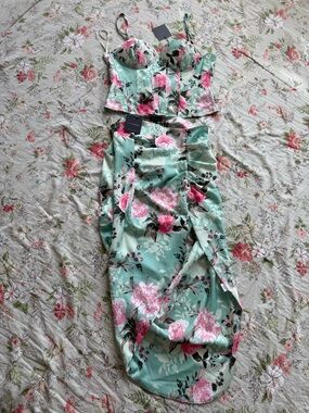 JLUXLABEL Mint Green Floral Bustier Top and Ruched Skirt Set